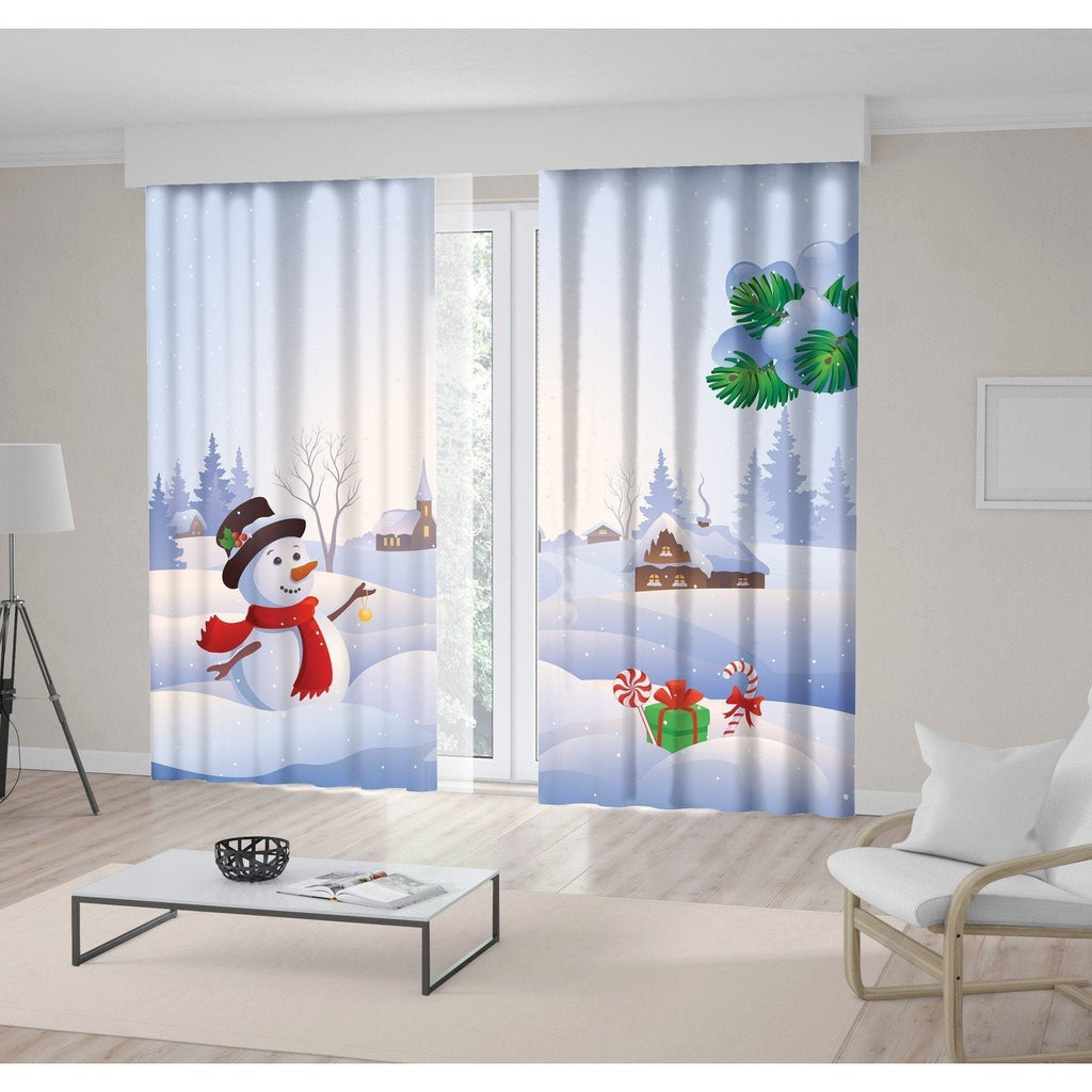 Christmas Village View Snowman Curtain